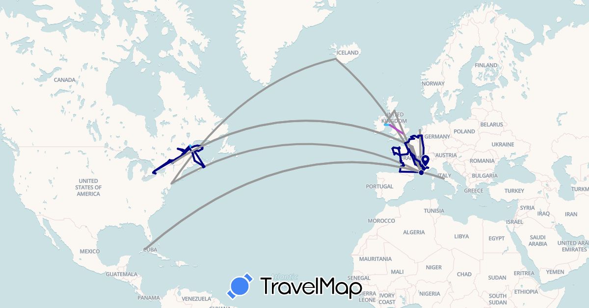 TravelMap itinerary: driving, plane, train, hiking, boat in Belgium, Canada, Cuba, France, United Kingdom, Ireland, Iceland, Italy, Netherlands, United States (Europe, North America)